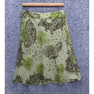 Y2K Allison Taylor 100% Linen Midi Skirt Size 8 Paisley Floral Fairy Boho Green